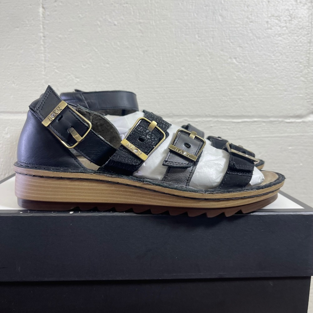 Naot Begonia Ankle Strap Gladiator Wedge Black Leather Sandal Women 41 EU/10 US